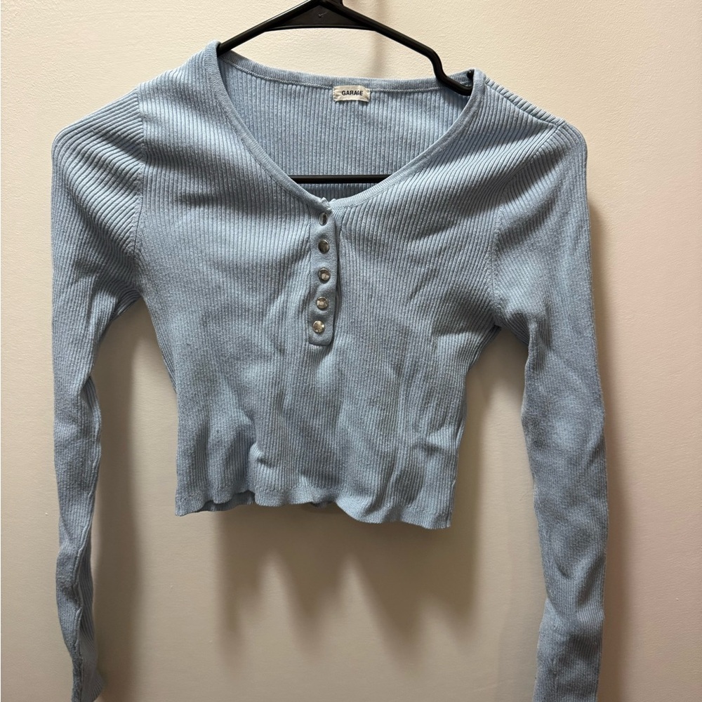 Garage Light Blue Ribbed Button-Up Crop Top